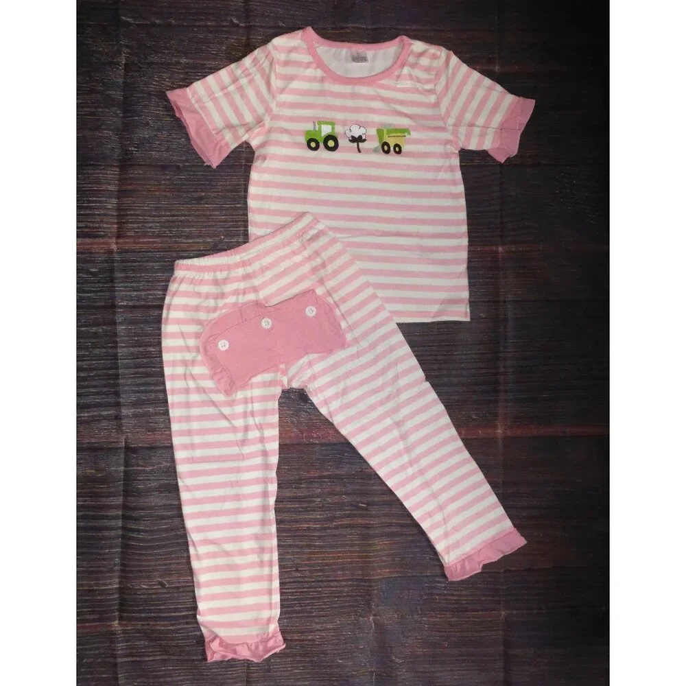 Boutique Cotton Farm Tractor Short Sleeve Pink Girls Pajamas